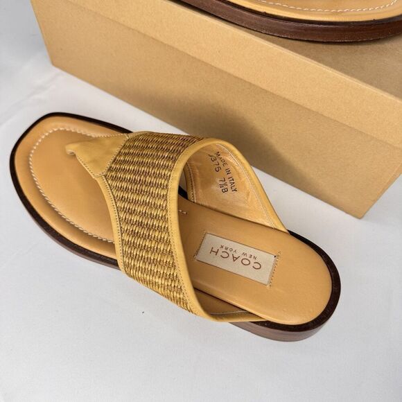 Coach Sz 7.5B Woven Square Toe Thong Sandals Nadya Des Desert Brown Leather J375 - Picture 2 of 12